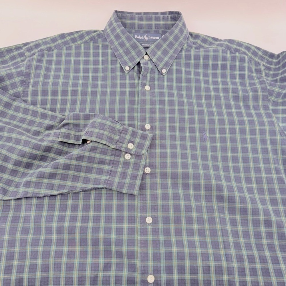 Ralph Lauren Yarmouth Button Down Shirt Mens 17.5 34/35 Green Plaid Cotton
